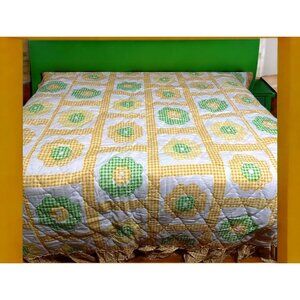 Retro‎ Country Quilted Thin Bedspread Coverlet Yellow Green Queen King Floral